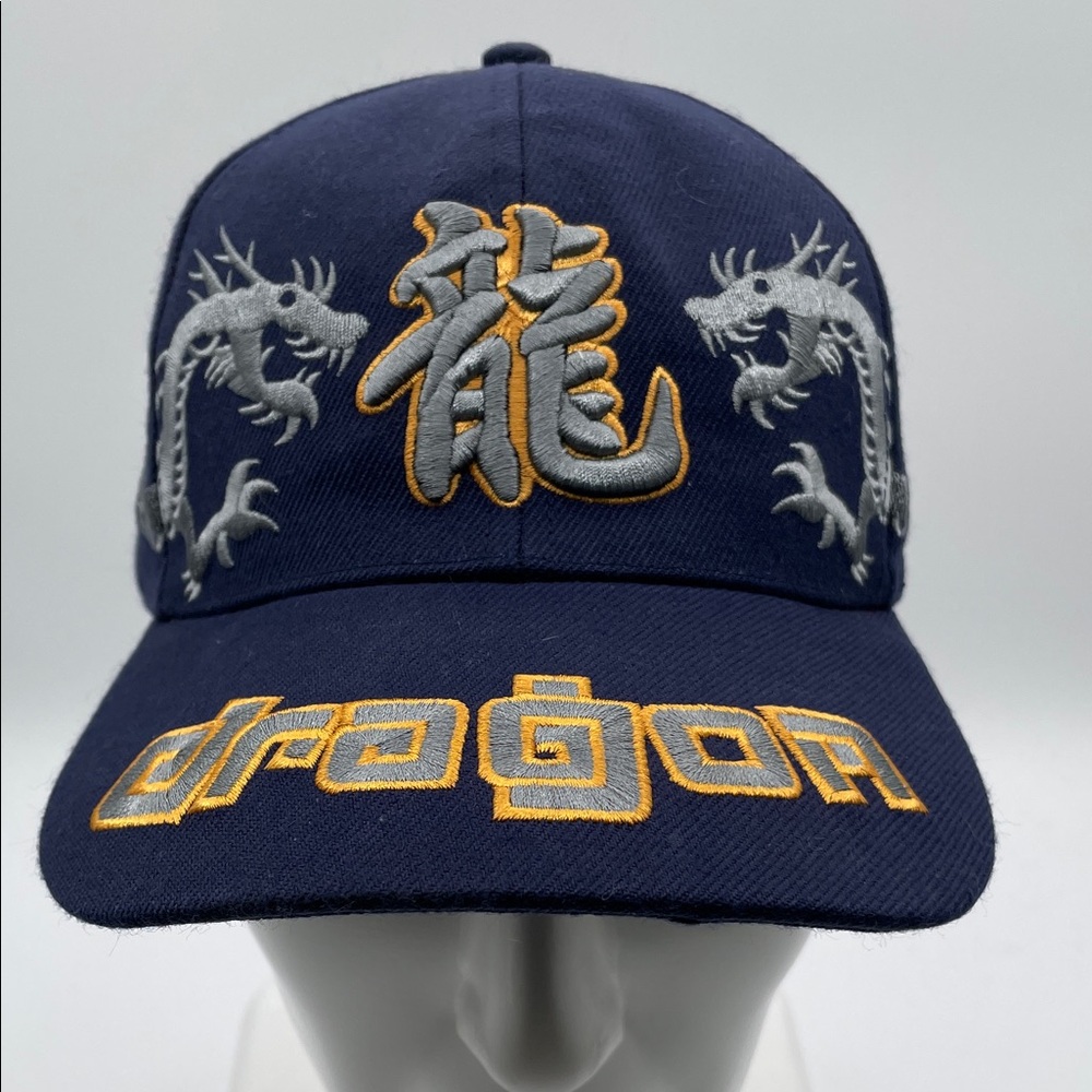 Dragon Embroidered Navy Blue Baseball Cap Grey Yellow Details Adult Size Hat